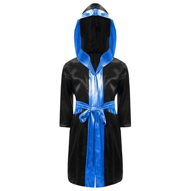 iiniim Kids Boys Boxing Costume Lightweight Muay Thai MMA Boxing Robe with Belt Halloween Dress Up Black&Blue A 16