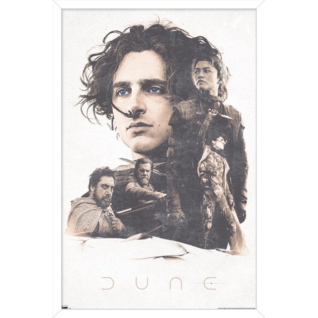 Dune: Part 2 - Group Wall Poster, 22.375" x 34", a glossy high-resolution print featuring a sepia-toned collage of Dune characters in detailed costumes and armor on a light textured background with the minimalist 'DUNE' title at the bottom. Suitable for decorating bedrooms, offices, or dorm rooms.