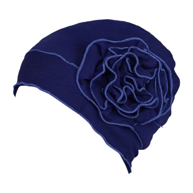 GUOOL For Ladies Solid Elastic Flower Hat Turban Chemo Cancer Hair Loss Cap Head Wrap navy
