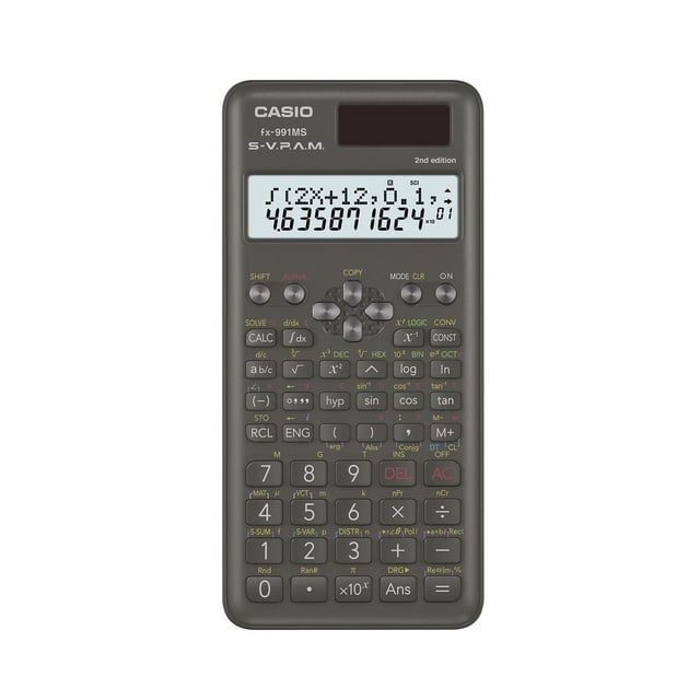 FX-991MSPLUS2 scientific calculator in grey by Casio Canada Ltd with a two-line dot matrix display showing scientific calculations, multiple function keys for trigonometry, logarithms, algebra, and statistics, directional pad, and solar panel, designed for advanced math, science, and engineering use in college and university.