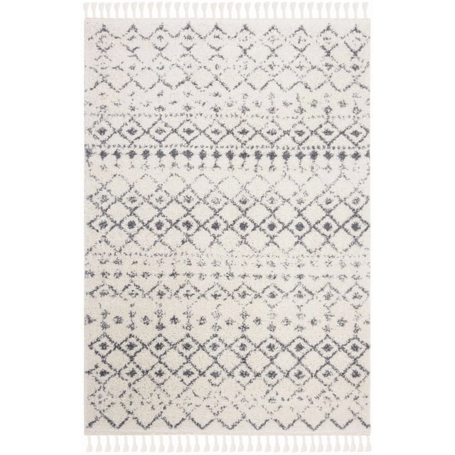 Safavieh Berber Fringe Lesleigh Tapis Shag Aztèque pour Aire avec une pile Peluche de 1,25 Po, Présentant une Couleur Crème Douce et des Motifs Tribaux Aztèques Gris Foncé en Bandes Horizontales, Fini avec des Franges aux Deux Extrémités, Convient pour Ajouter un style Bohème aux Zones de Tapis d'Accent.