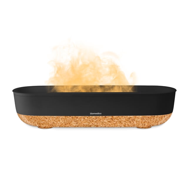 Homedics Humidificateur Ultrasonique pour Foyer avec Brume Fraîche à Effet de Flamme visible, Lumières DEL et Trois Niveaux de Luminosité. le design Noir et en Liège Comprend un Réservoir d'Eau à Remplissage par le Haut de 0,26 Gallon, Convient aux Pièces jusqu'à 216 Pieds Carrés. Il Offre des Réglages de Brume Variables, un Réservoir d'Eau Traité aux Antimicrobiens et jusqu'à 11 Heures d'Autonomie sur Faible Brume. Comprend un Adaptateur d'Alimentation et Trois Tampons d'Huiles Essentielles.