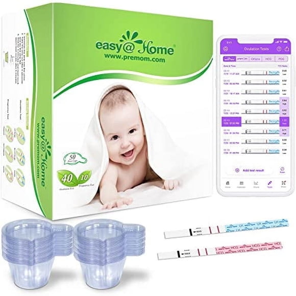 Easy@Home 40 Ovulation Strips and 10 Pregnancy Tests– Accurate Tracking with Premom APP | 40LH + 10HCG + 50 Urine Cups(40ML)