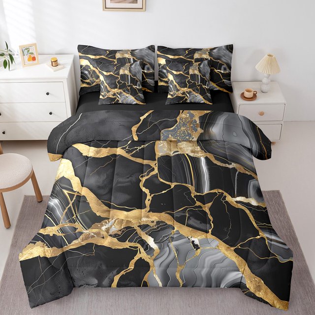 YST 7Pcs Abstract Artwork Marble Comforter Set, Black and Grey Aesthetic Bedding, Queen Size (7 Count)