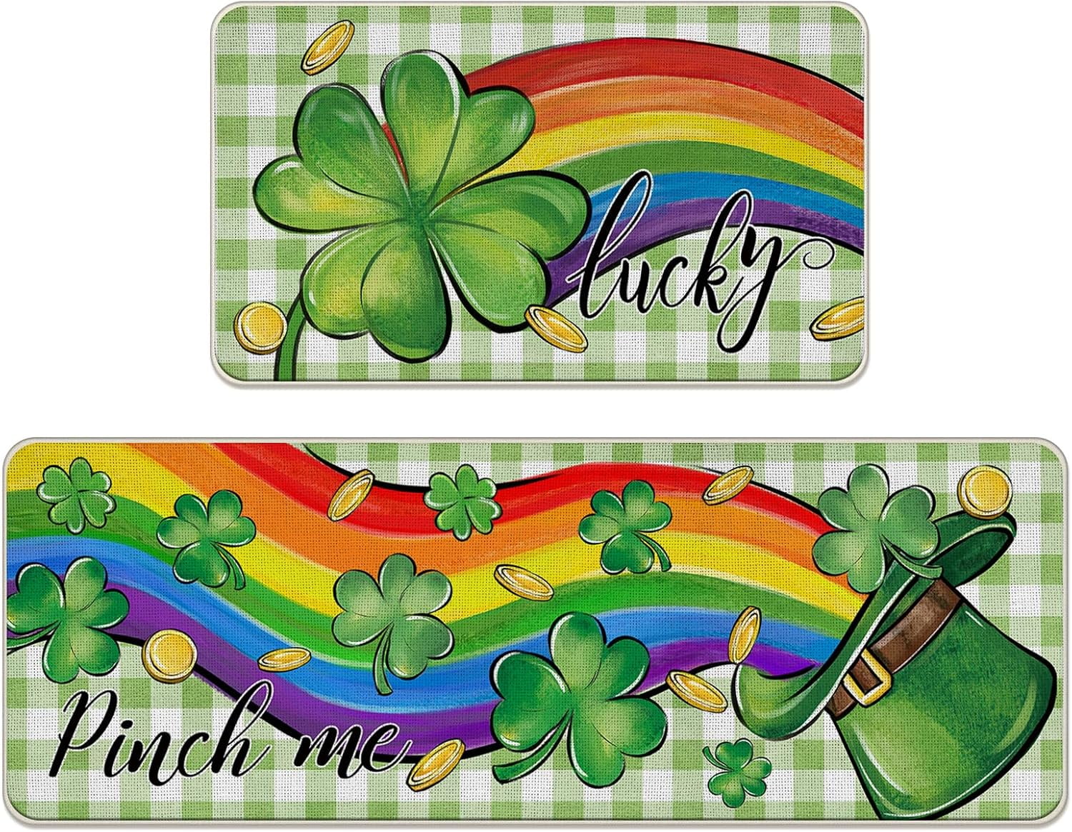 St. Patricks Day Lucky Clover Kitchen Rugs Set of 2, Shamrock Hat Rainbow Plaid Farmhouse Kitchen Mats Decor, Spring Pinch Me Gold Irish Floor Door Mat Home Decorations -17x29 and 17x47 Inch