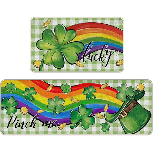 St. Patricks Day Lucky Clover Kitchen Rugs Set of 2, Shamrock Hat Rainbow Plaid Farmhouse Kitchen Mats Decor, Spring Pinch Me Gold Irish Floor Door Mat Home Decorations -17x29 and 17x47 Inch