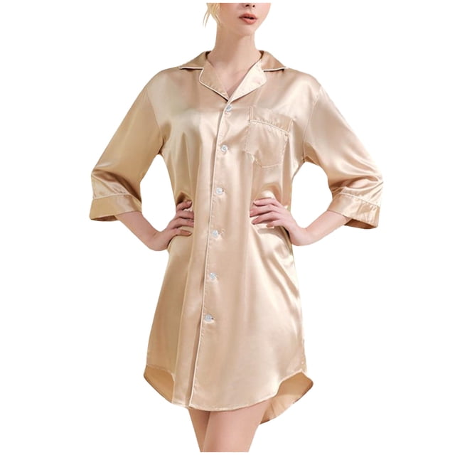 Besolor Chemise de Nuit en Satin pour Femme à Boutons, Robe Chemise à Manches 3/4, Décontractée et Confortable, Pyjama de Nuit