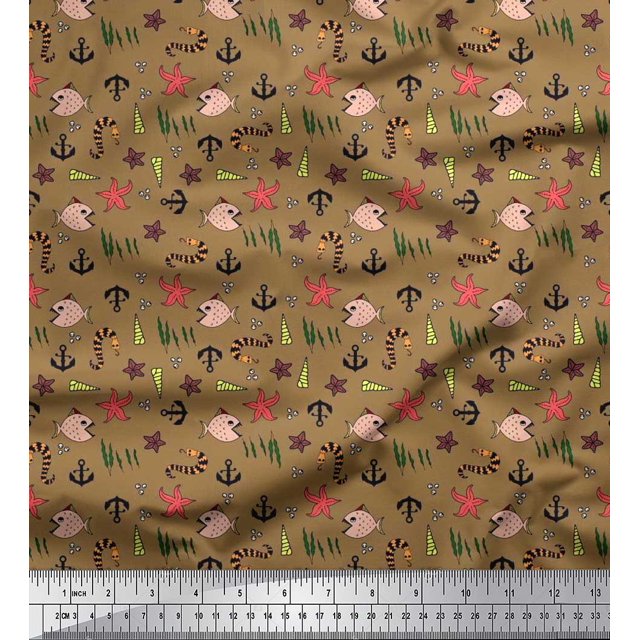 Soimoi Rayon Fabric Anchor Hook,Shell & Starfish Ocean Print Fabric by Yard 42 Inch Wide