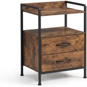 EastVita 3-Tier Storage End Table, Nightstand with 2 Fabric Drawers & Shelf, Modern Bed Side Table for Living Room, Brown