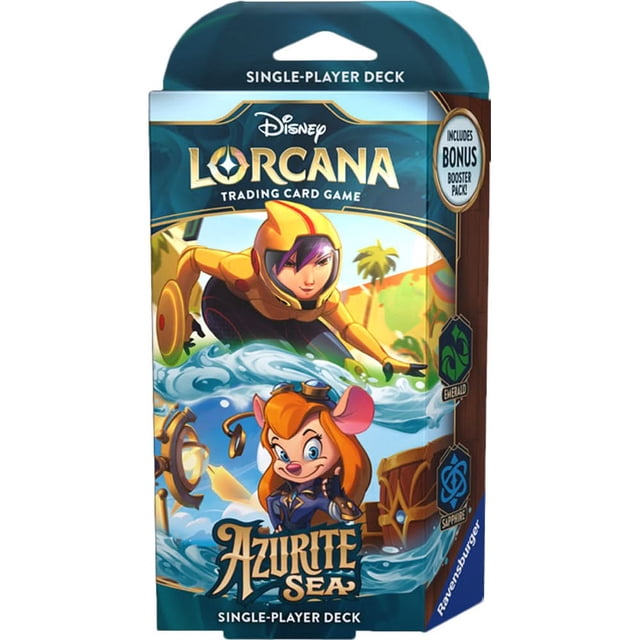 Disney Lorcana Azurite Sea Deck de Départ avec Mécanique d'Émeraude et de Saphir, Emballé dans une Boîte de Deck Compacte avec des Oeuvres Colorées de Personnages Disney. Comprend un Deck de 60 Cartes Préassemblé, une Carte en Feuille, des Jetons de Jeu et un guide de Deck, Idéal pour un Rangement et un Jeu Organisés.