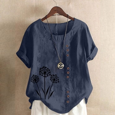 Staron Liquidation Hauts Tendance pour Femmes 2025 Manches Courtes Retroussées Été Grande Taille Coupe Ample Chemisiers Col Rond Imprimé Floral Tunique en Coton et Lin