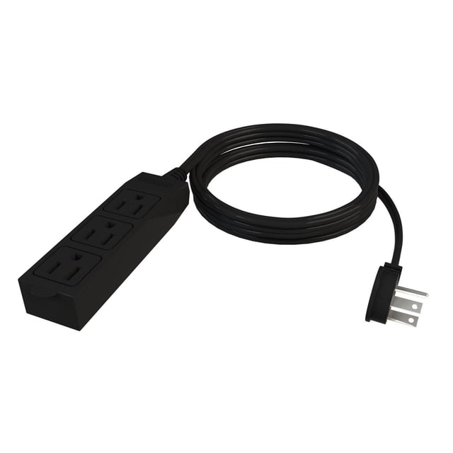 Stanley CordMax Office 9' Low Profile Grounded Extension Cord with three grounded outlets and a 45° angle flat plug that prevents blocking, featuring a 9-foot black AWG 16/3 SPT-2 vinyl cord and durable ABS receptacle, suitable for desk lamps, chargers, and printers.
