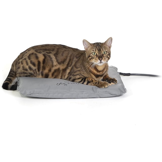 K&H Lectro-Soft Outdoor Heated Dog Bed Gray Small with a brown and black spotted cat lying on the soft gray orthopedic heated bed featuring a waterproof PVC cover and attached power cord, suitable for indoor or outdoor pet warmth and comfort.