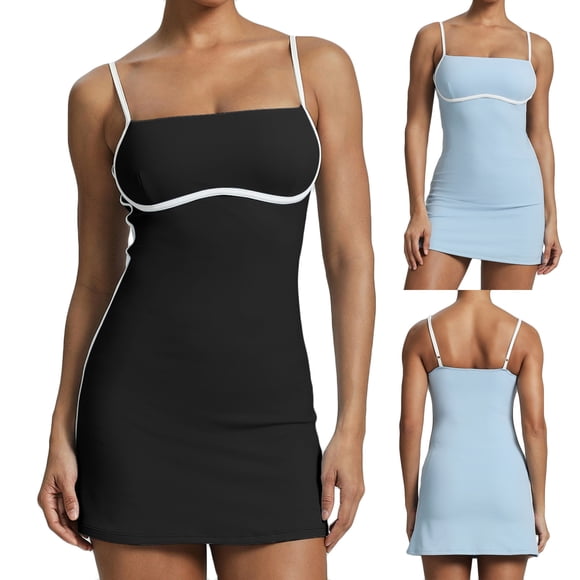 Mceream Womens Tennis Dress with Built In Shorts Square Neck Sleeveless Adjustable Spaghetti Strap Mini Sundress Quick Dry Athletic Golf Workout Summer Outfits Black L