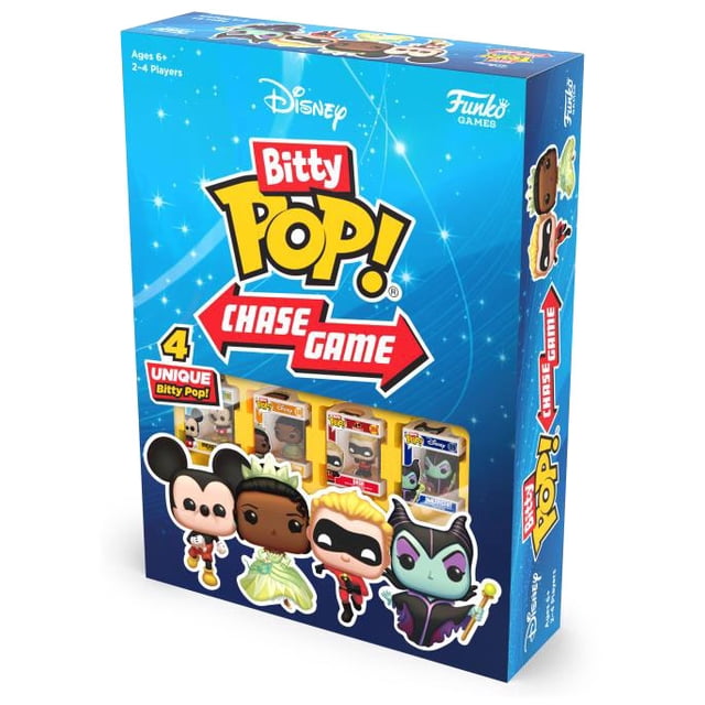 Funko Games Disney Bitty Pop! Chase Boîte de Jeu de Société Mettant en Vedette Quatre Figurines Bitty Pop! Uniques, Dont Mickey Mouse, Tiana, Dash et Maléfique sur un Fond Bleu Étoilé, un Jeu de Société de Stratégie Rapide pour 2 à 4 Joueurs de 6 Ans et Plus.