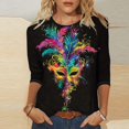 thumbnail image 2 of Penkiiy 2024 Blouse Mardi Gras Tops pour Femmes T-Shirt Quotidien Manches 3/4 Blouse Imprimé Masque Haut Carnaval Col Rond Chemise Décontractée S Multicolore, 2 of 5