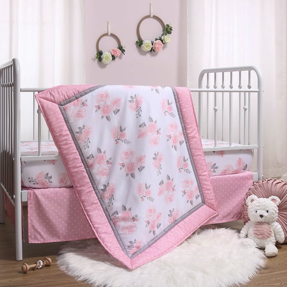 The Peanutshell Pink Floral Crib Bedding Set for Baby Girls, 3 Piece Nursery Set, Pink