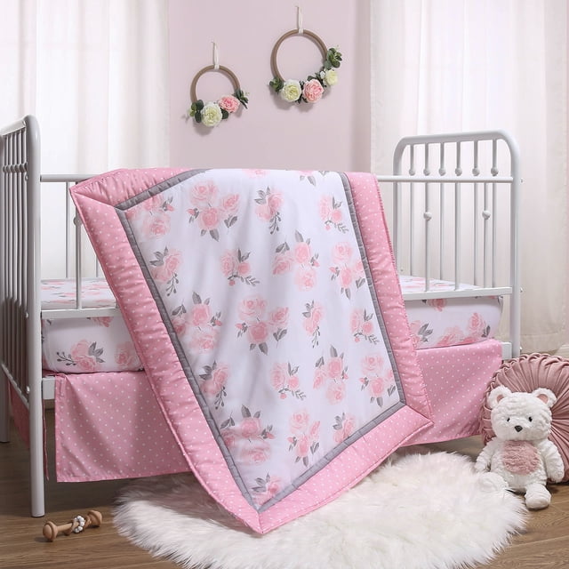 The Peanutshell Pink Floral Crib Bedding Set for Baby Girls, 3 Piece Nursery Set, Pink