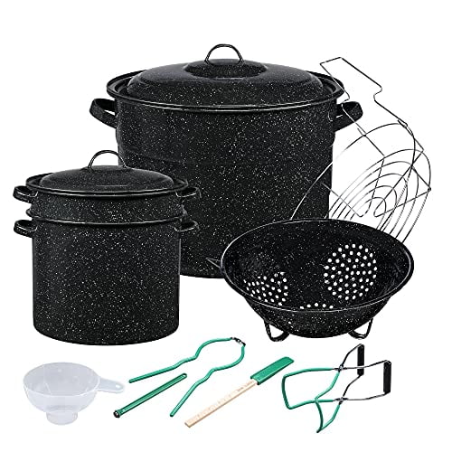 Granite Ware Ensemble de Mise en Conserve de 12 Pcs en Émail sur Acier, Comprend une Mise en Conserve pour Bain d'Eau de 21,5 Pintes avec Couvercle, un Support pour Pots, un Blancher, une Passoire et un Ensemble d'Outils de Mise en Conserve de 5 Pcs
