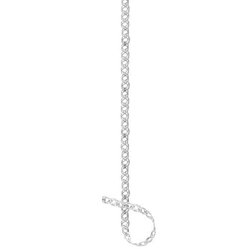 Offray 3mm Quasar Ribbon in translucent silver, shown as a single vertical strand with a loop, made of 100% long staple Egyptian cotton with six strands, ideal for embroidery, needlepoint, floral arrangements, and gift wrapping.