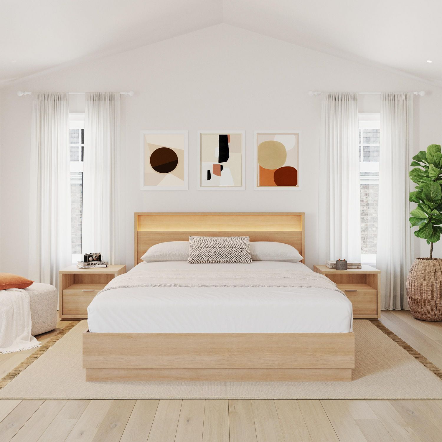 Ensemble de chambre à coucher Harlow 4 pièces avec lit queen size, sommier à lattes, tête de lit avec éclairage intégré et 2 tables de chevet.