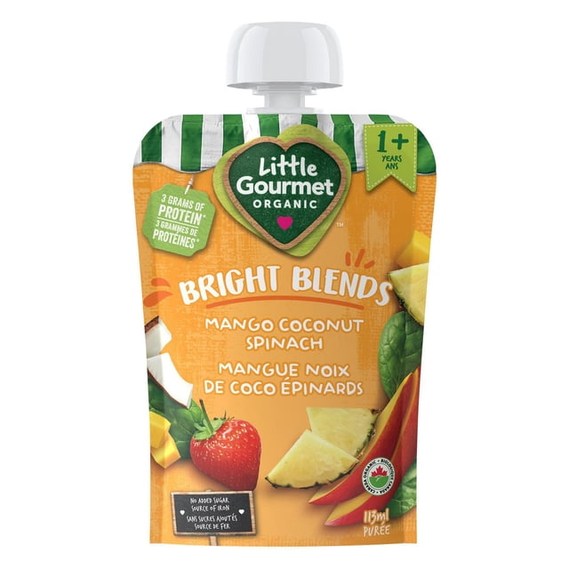 Little Gourmet Organic Bright Blends Puree Pouch – mango, coconut, spinach blend in a 113 ml squeezable pouch with white cap and green striped top, featuring images of mango, coconut, spinach, strawberry, and pineapple, designed as an organic, no added sugar toddler snack for ages 1 and up.