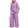 thumbnail image 1 of Ensemble 2 Pcs en Lin pour Femmes 2025 Chemise à Boutons à Manches Longues Pantalon à Jambe Grand à Cordon Ensemble Tenues d'Été, 1 of 5
