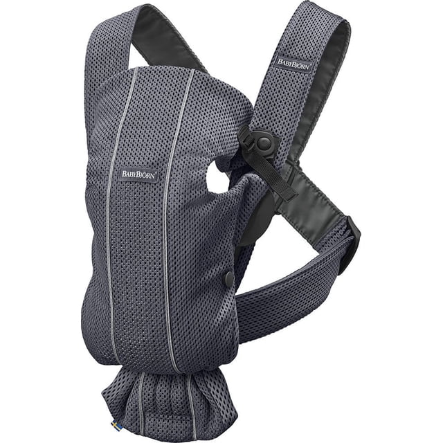 BabyBjorn Baby Carrier Mini in 3D mesh fabric, anthracite (slate grey) color, ideal for baby gear needs. Features adjustable seat and head support for ergonomic comfort, lightweight and machine-washable materials, and two front-carrying options. Suitable for newborns up to 12 months.