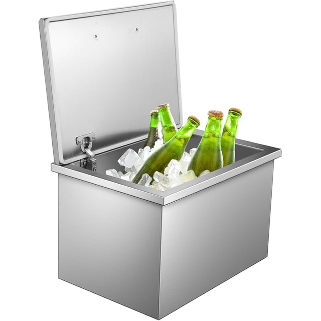 Drop in Ice Chest, 20" L x 16" W x 13" H Stainless Steel Ice Cooler, Commercial Ice Bin with Hinged Cover, Outdoor Kitchen Ice Bar, Drain-Pipe and Drain Plug Included, for Cold Wine Beer