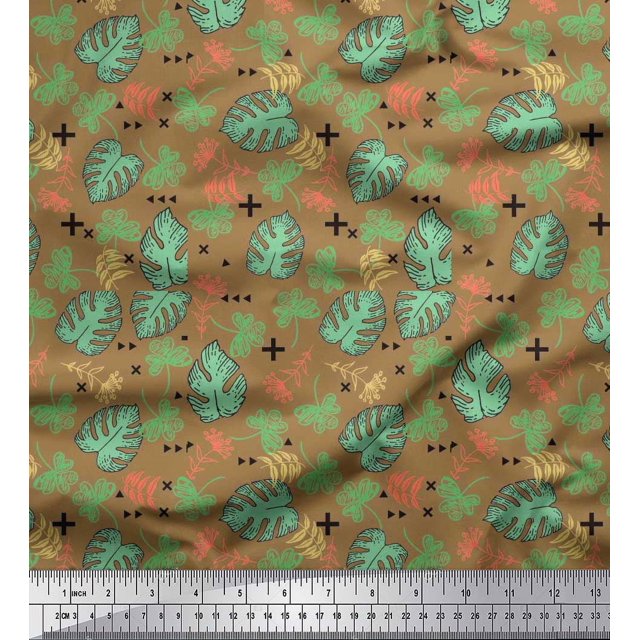 Soimoi Poly Georgette Fabric Geometric Sign,Clover & Monstera Leaves Print Sewing Fabric Yard 52 Inch Wide