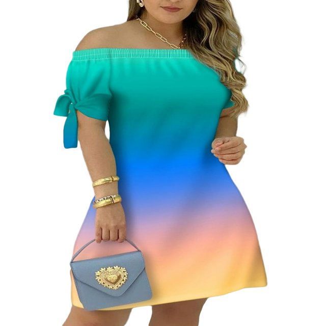 Women Casual Mini Dress Summer Striped Off Shoulder Short Sleeve A-line Short Dress