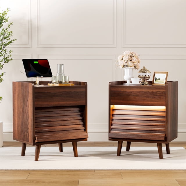 GUNAITO Nightstand set of 2 with Charging Station Bedside Table with LED Light Wood Nightstand with Wave Texture Drawers End Table with USB Ports and Outlets for Small Space Walnut 2pcs