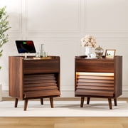 GUNAITO Nightstand set of 2 with Charging Station Bedside Table with LED Light Wood Nightstand with Wave Texture Drawers End Table with USB Ports and Outlets for Small Space Walnut 2pcs