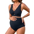 thumbnail image 1 of Charmo V Neck Maternity Swimsuits Ribbed Twist Front Bikini Sets High Waist Pregnancy Bathing Suits for Womens, 1 of 6