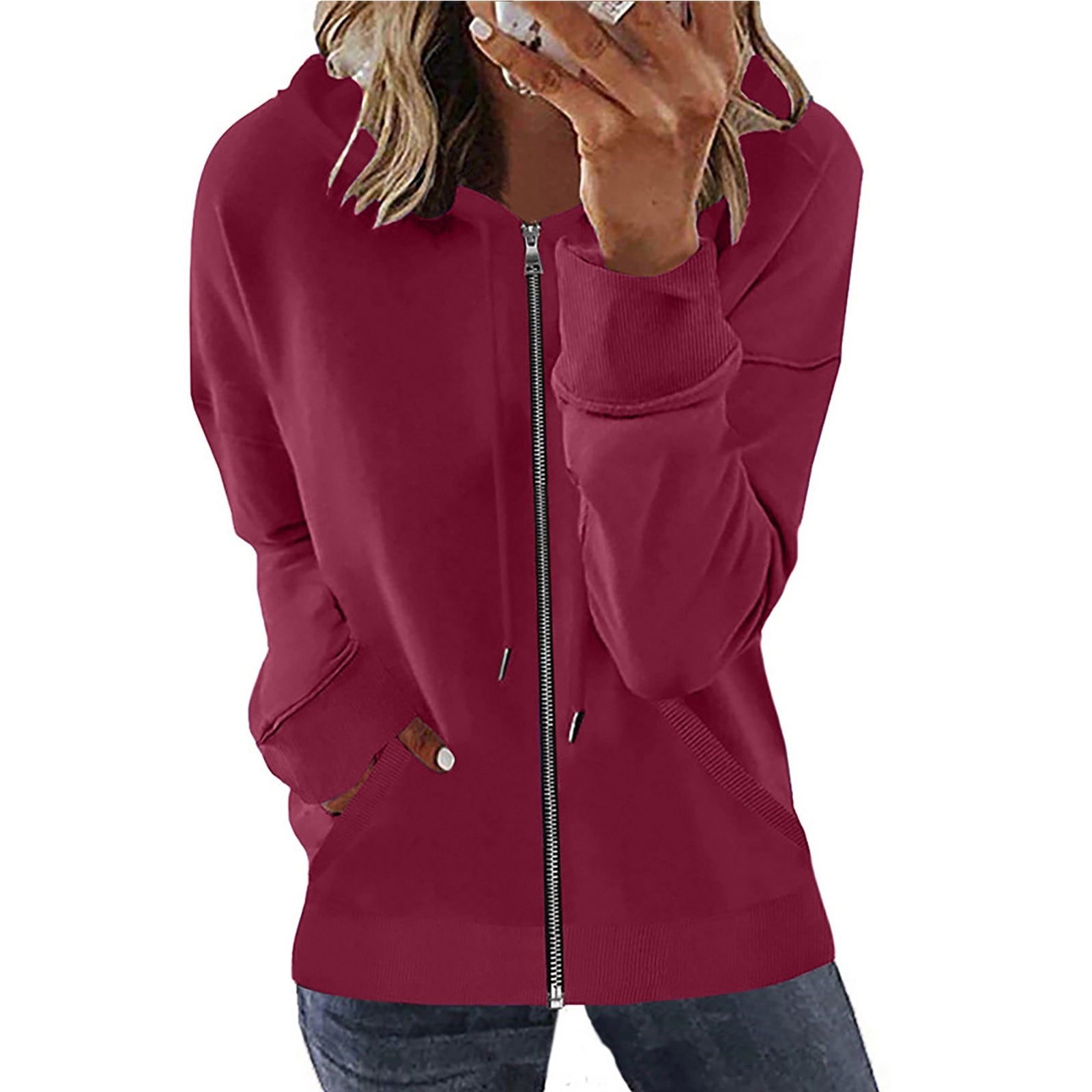 TIMIFIS Womens Long Sleeve Hooded Sweatshirt Hoodies Zip Up Track Jacket with Pockets-Wine-MFall