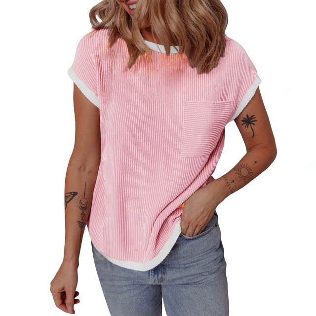hotojiny Hauts pour Femmes Mode T-Shirt Texturé à Col Rond avec Poche T-Shirt d'Été à Blocs de Couleur à Manches Courtes Chemise Décontractée 2025 Vêtements