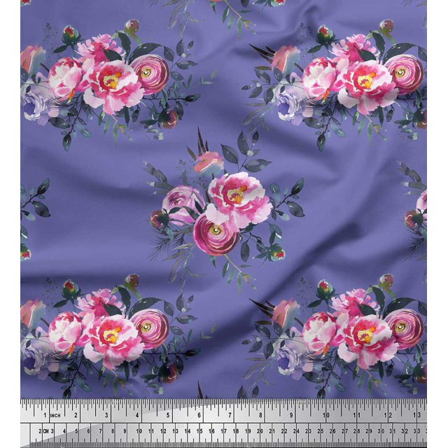 Soimoi Tissu de Crêpe de polyester Violet Feuilles & Rose Imprimé Floral 1 Yard 52 Inch Wide