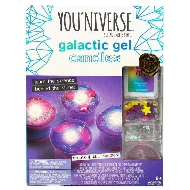 YOU*niverse Galactic Gel Candles Trousse avec Quatre Moules de Bougies en Gel Transparent Remplis de slime Pailleté Multicolore, de Confettis en Forme d'Étoile, de 4 Lumières DEL, de Colle, de Perles Étoile et d'Outils de Mélange pour une Activité Artisanale à Vapeur Sûre et Sans Flamme, Enseignement de la science des Polymères, Convient aux 8 Ans et Plus.