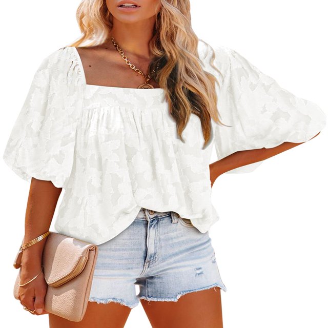 Womens Bell Sleeve Blouse Crewneck Lace Tops Floral Textured Babydoll Shirts
