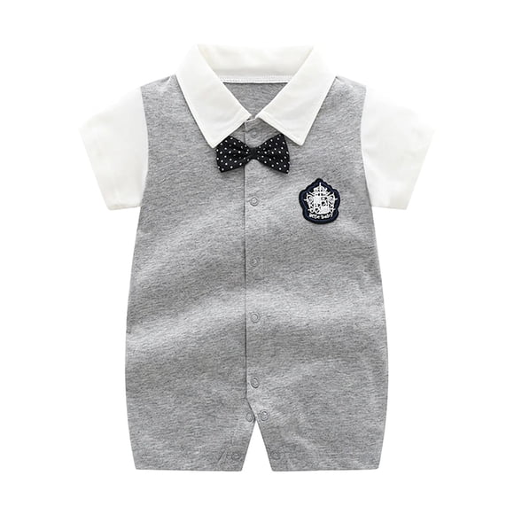 Tenue de Petit Gentleman pour Nouveau-Né Garçon, Barboteuse à Nœud Papillon, Blocs de Couleur, Manches Courtes, Tenue une-Pièce, Vêtements, Cache-Couches pour Bébé, Gris, 6-9 Mois