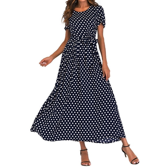 Fashion Women O-Neck Short Sleeve Beach Polka Dot Bandage Long Maxi Dress