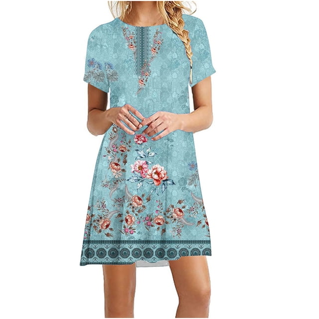 Cameland Robe d'Été pour Femme, Mode Bord de Mer, Décontractée, Imprimée, à Manches Courtes, à Col Rond