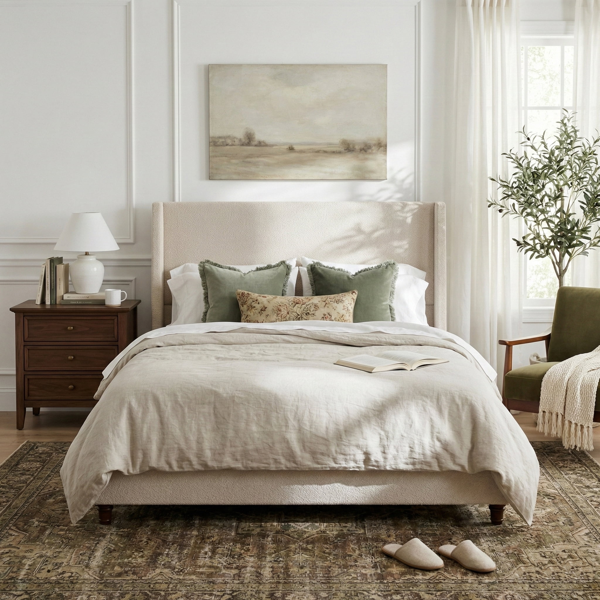 Noble House King Upholstered Wingback Headboard Platform Bed,taupe