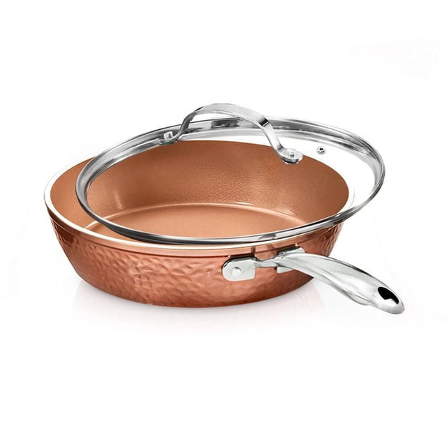 Gotham Steel Hammered Copper 12" Aluminum Non-Stick Fry Pan with Glass Lid with hammered copper exterior and copper-toned non-stick interior, stainless steel handle, and clear glass lid, suitable for all stovetops and dishwasher safe, ideal for cooking without oil or butter.