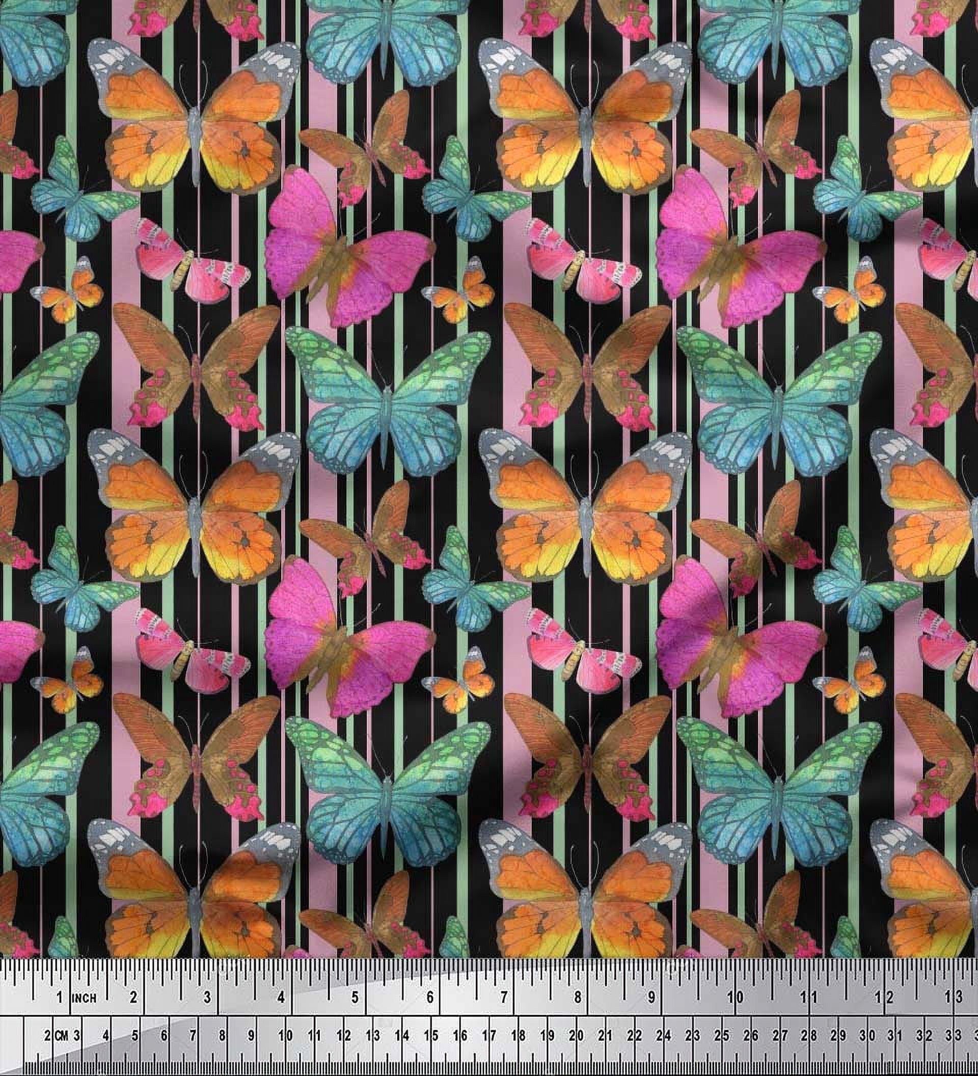 Soimoi Rayon Crepe Fabric Stripes & Butterfly Printed Craft Fabric by The Yard 46 Inch Wide