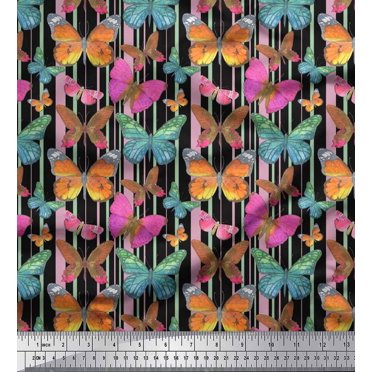 Soimoi Poly Georgette Fabric Stripes & Butterfly Fabric Prints by Yard 52 Inch Wide