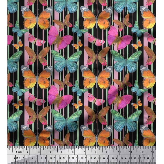Soimoi Polyester Crepe Fabric Stripes & Butterfly Fabric Prints by Yard 52 Inch Wide