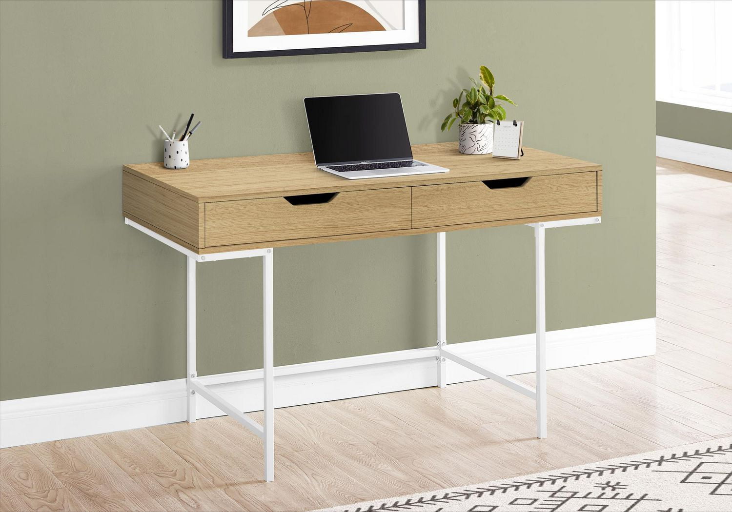 Monarch Specialties Bureau, Bureau À Domicile, Ordinateur Portable, Tiroirs De Rangement, 48"l, Travail, Métal, Stratifié, Naturel, Blanc, Contemporain, Moderne