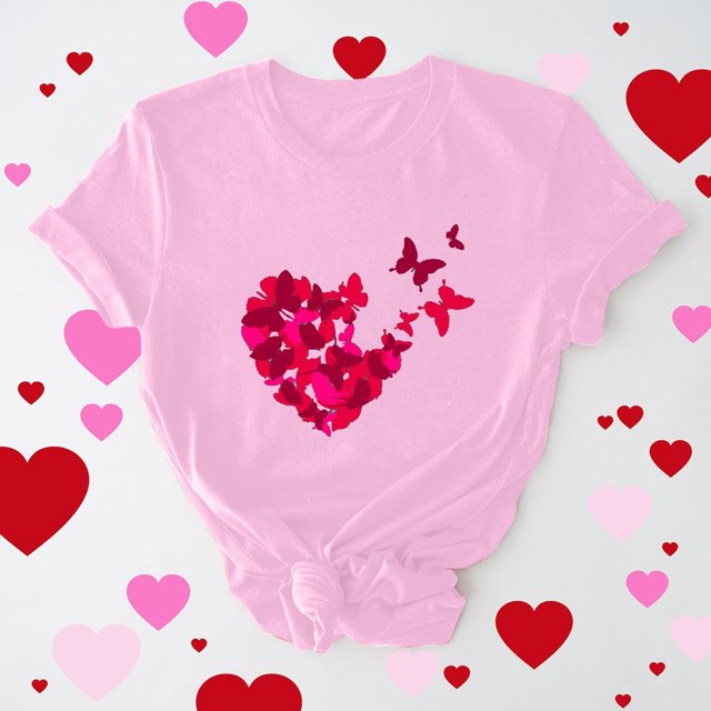 Meichang T-Shirts de la Saint-Valentin pour Femmes Imprimé Cœur Manches Courtes Col Rond Pull Ample Décontracté Tops de Vacances