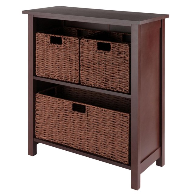 Milan Ensemble de 4 Étagères de Rangement avec Panier, Fini Noyer Chaud, avec un Cadre en Bois Massif et composite, Deux Petits Paniers en Corde Tressée sur l'Étagère Supérieure et un Grand Panier en Corde Tressée en Dessous, Toutes avec Poignées Découpées pour une Portabilité Facile, Convient à l'Organisation et à l'Exposition à la Maison.